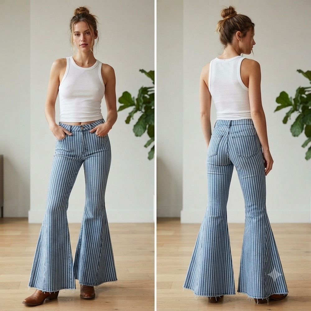 Wisteria Lane Blue Striped Bell Bottom Flare Jeans High Rise Small SIP6106H